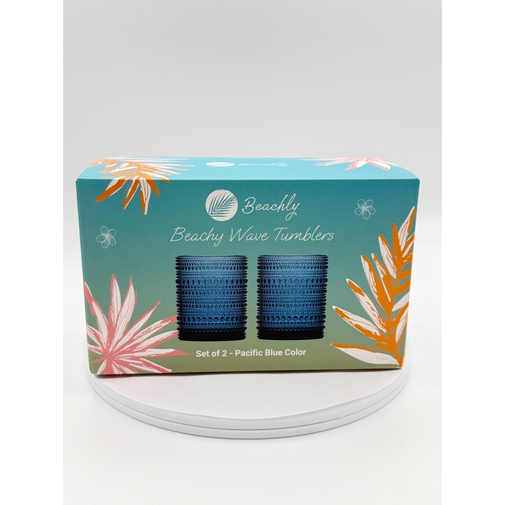 Beachly Beachy Wave Tumblers Set of 2 Pacific Blue 11oz Glass Beaded Coastal New